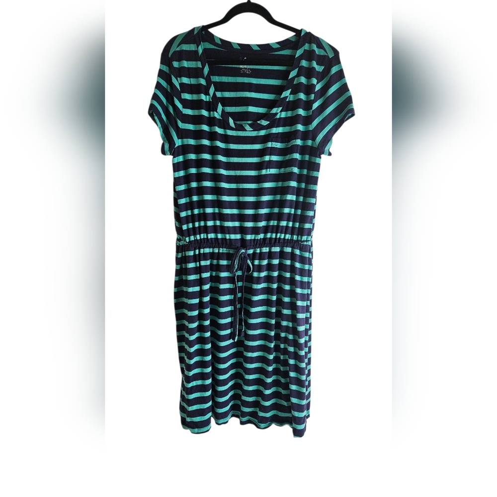 Natural Reflections Green Black Striped T-shirt Dress Drawstring Waist Sz XL